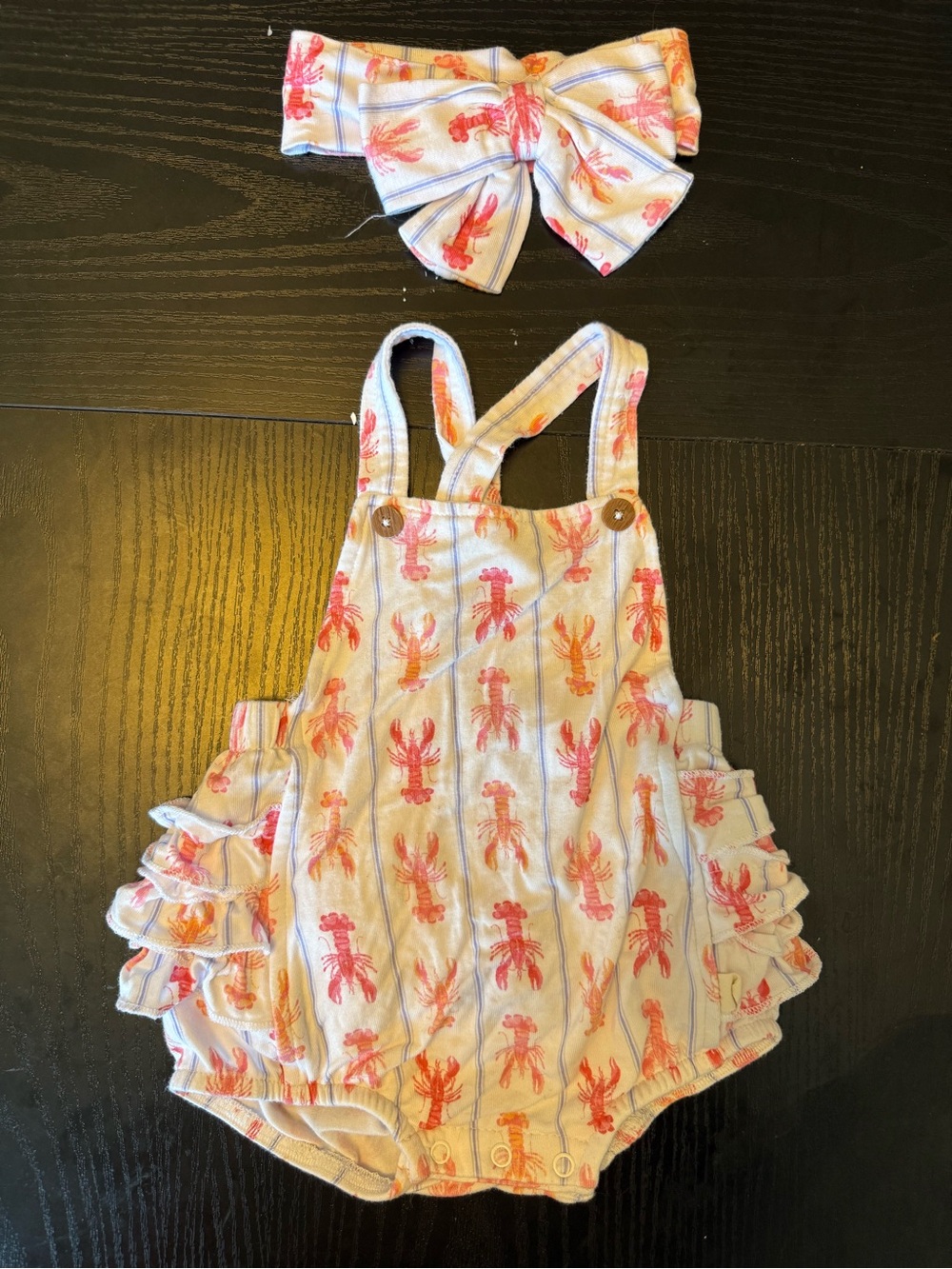 Infant Cream Lobster-Print Ruffle Romper with Matching Headband